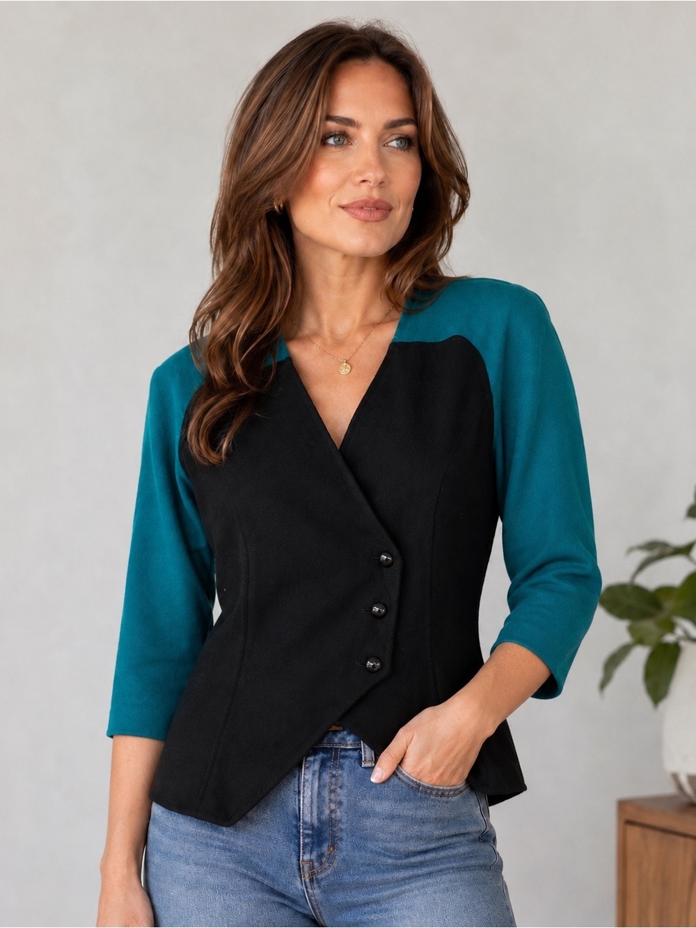 Vintage Beamer Teal and Black Women's Colorblock 80s 90s Wool Blazer Size 6P